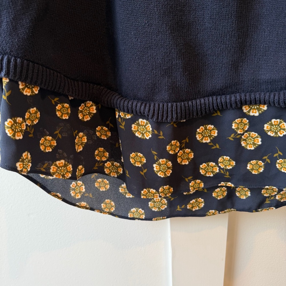 Loft Women’s Sweater Blue Floral‎ Layered-Look Bows 100% Cotton Pullover Small - Picture 2 of 8